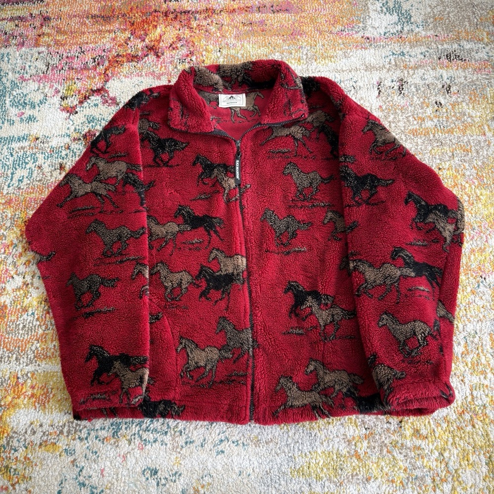Vintage Black Mountain Jacket Mens XL Horse Animal Fleece Coat 90s USA
